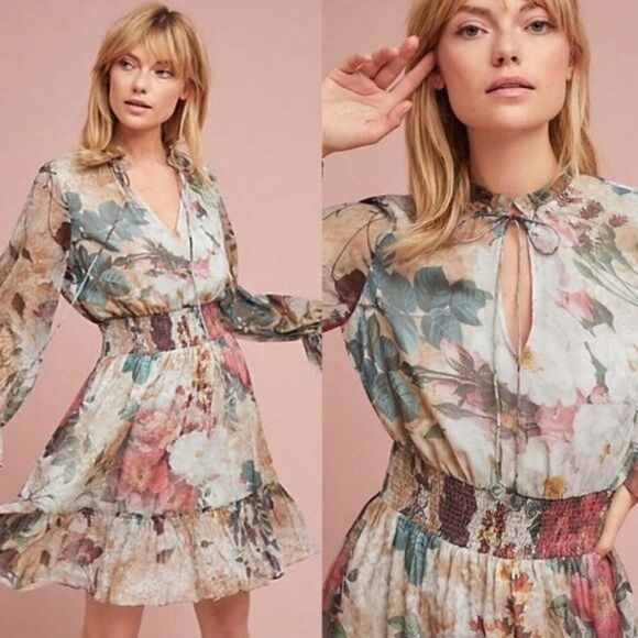 Hemant & Nandita Anthropologie Floral Smocked Waisted Long Sleeve Dress - Picture 1 of 13
